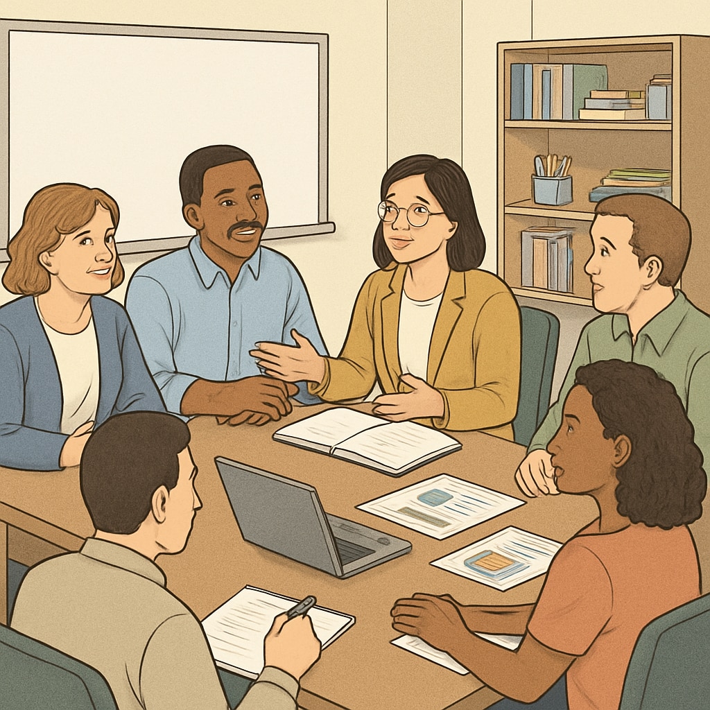 A collaborative session between University of California employees and K12 educators discussing curriculum development. K12 educators and University of California employees working on curriculum design.
