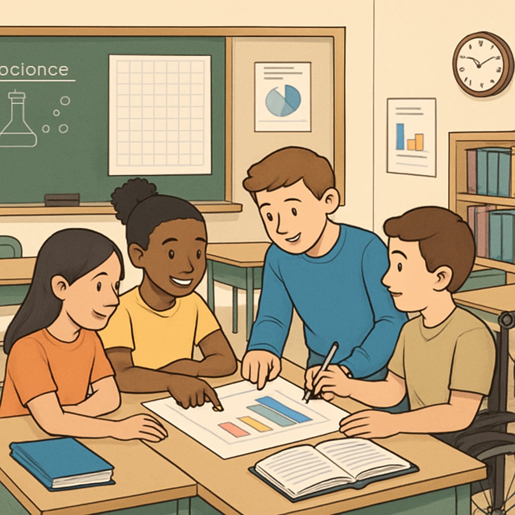 A classroom setting showing students with diverse abilities working together on a project, symbolizing inclusivity and collaboration. Diverse students collaborating in a classroom, emphasizing inclusivity and effort.