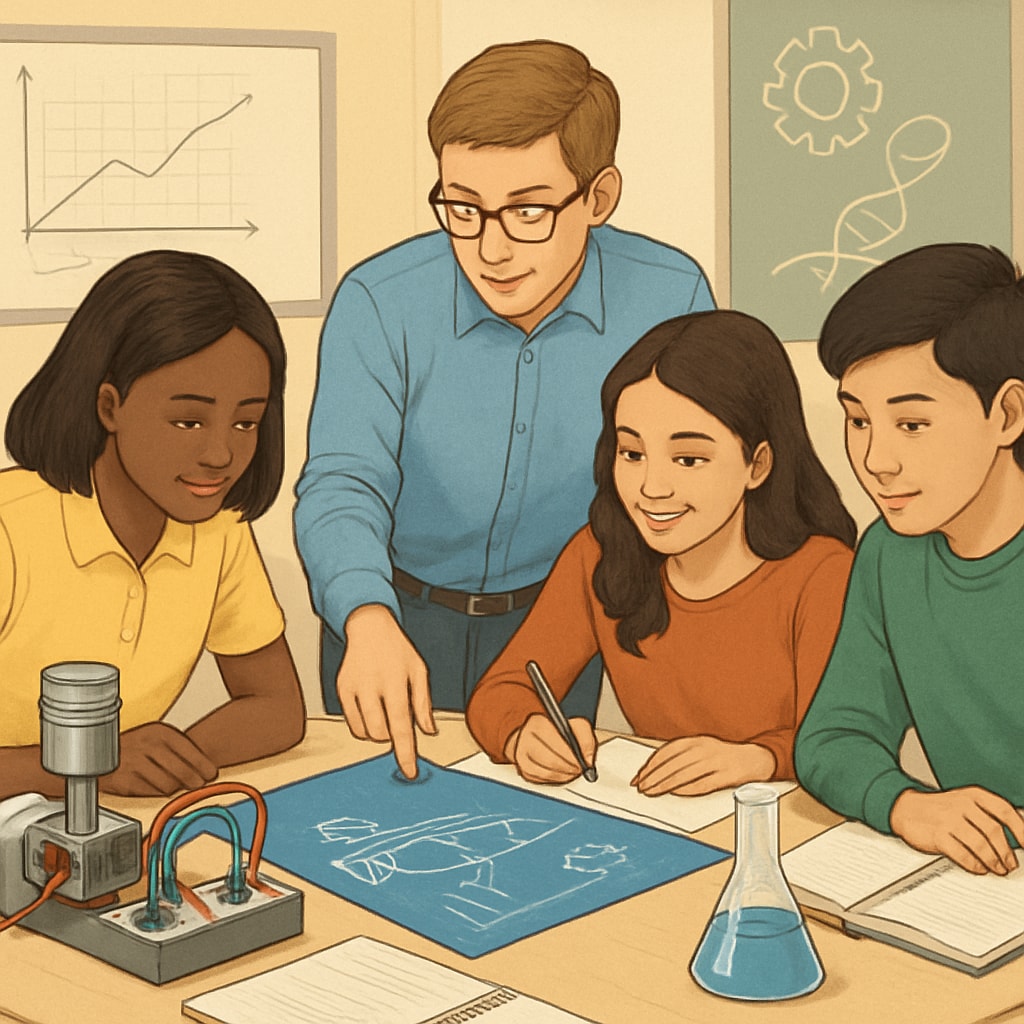 A diverse group of high school students collaborating on a STEM project. High school students working on a STEM project as part of career exploration.
