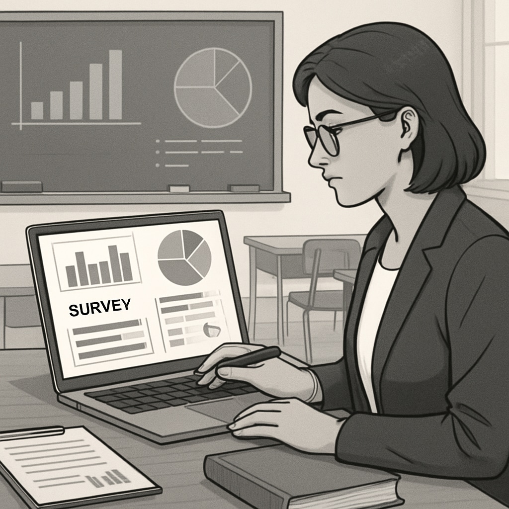 Teacher using a laptop to analyze educational survey results, emphasizing data-driven decision-making in K12 education.