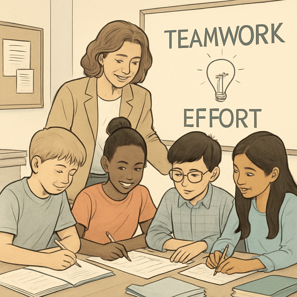 An educator mentoring a diverse group of students, emphasizing effort and collaboration over innate ability. An educator guiding students, promoting growth and effort over innate talent.