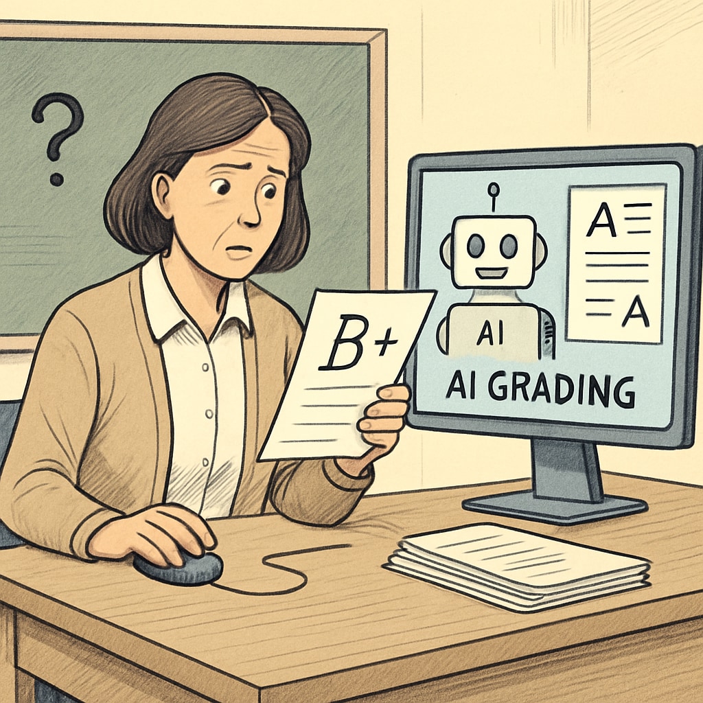 Teacher using AI for grading, illustrating efficiency and new management tasks.
