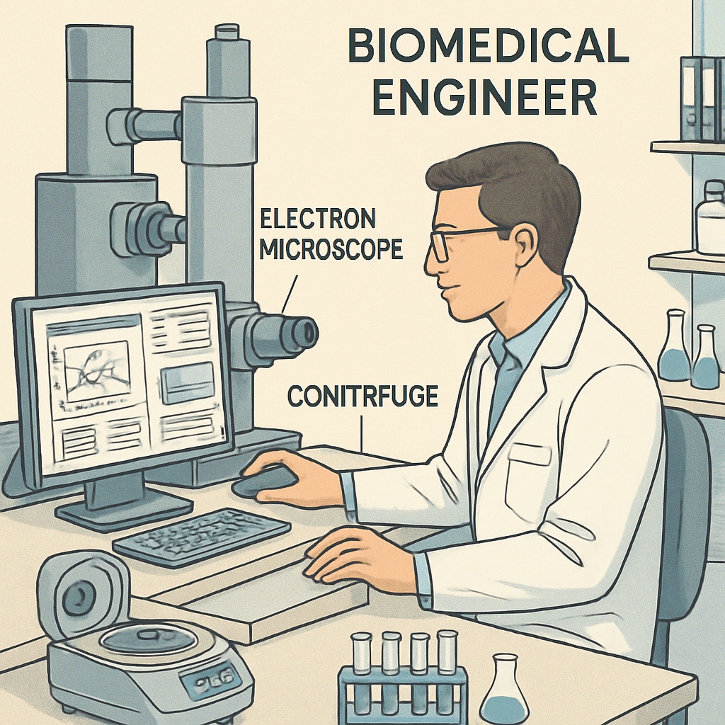 A biomedical engineer working on advanced laboratory equipment in a research setting. A biomedical engineer demonstrating practical STEM skills in a lab.
