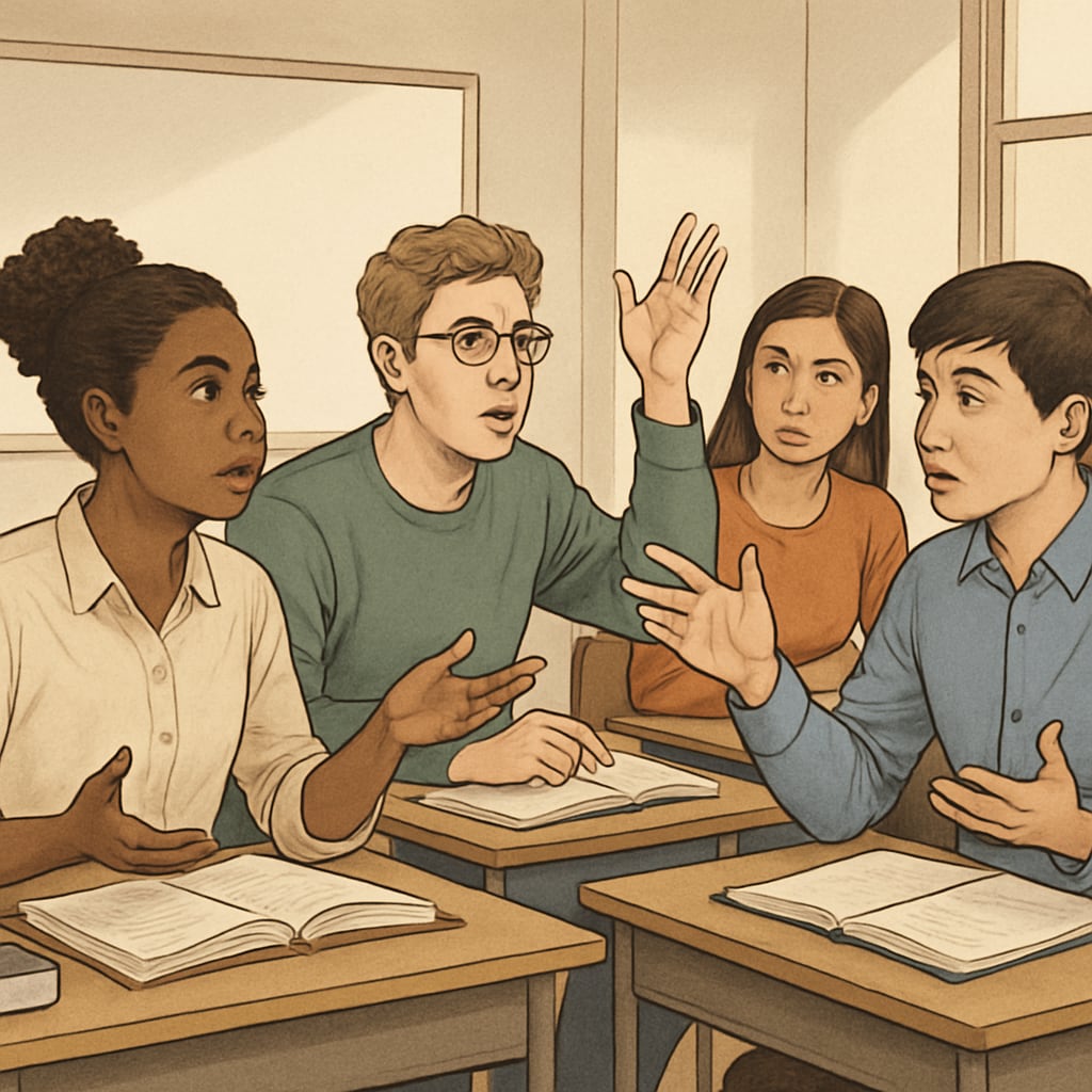 A group of diverse college students engaged in a classroom debate, symbolizing critical thinking development. College students in a classroom debate about critical thinking in higher education.