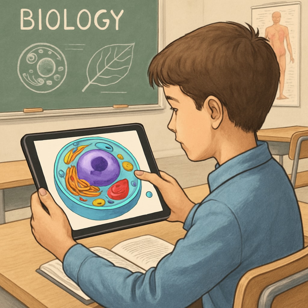A student using a tablet to explore a 3D model of a cell in an interactive biology lesson. Interactive learning in biology with a 3D cell model.