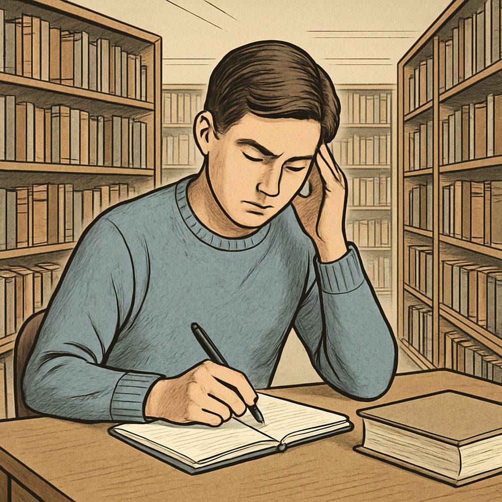 A student sitting alone in a quiet library, deep in thought, representing self-reflection in education. A student reflecting in a library, symbolizing the introspective impact of education.
