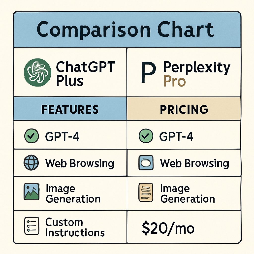 A detailed comparison chart of ChatGPT Plus and Perplexity Pro features and pricing. Chart comparing ChatGPT Plus and Perplexity Pro features.