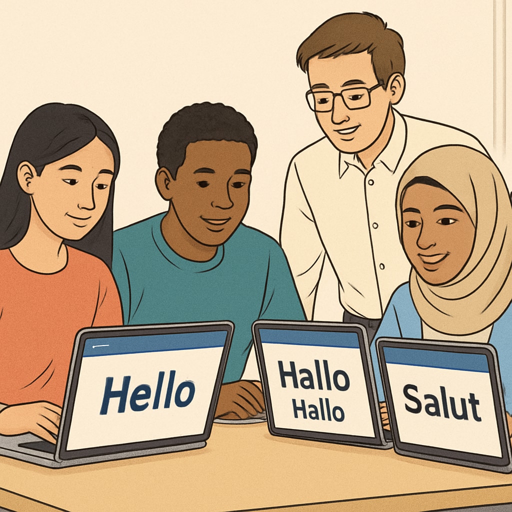 A diverse group of students collaborating on a multilingual learning platform, with various languages displayed on their screens. Multilingual education platform with diverse student participation.