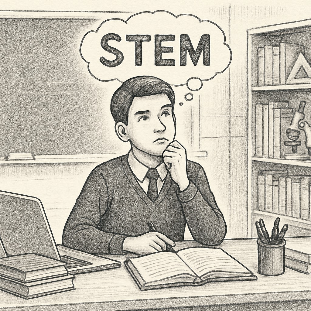 A thoughtful high school student sitting at a desk, surrounded by books and a laptop, pondering STEM career options. STEM major selection for high school students