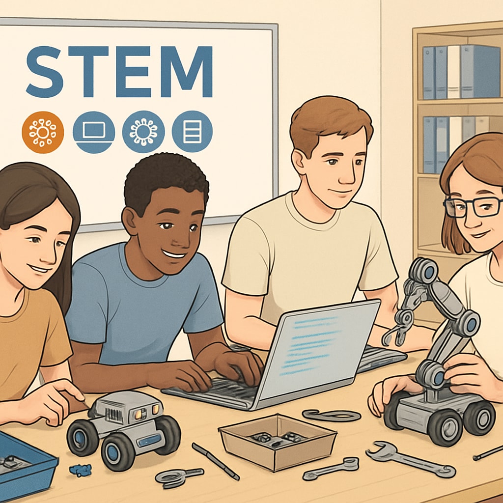 A group of high school students engaged in a STEM workshop, experimenting with robotics and coding. STEM career exploration through hands-on activities