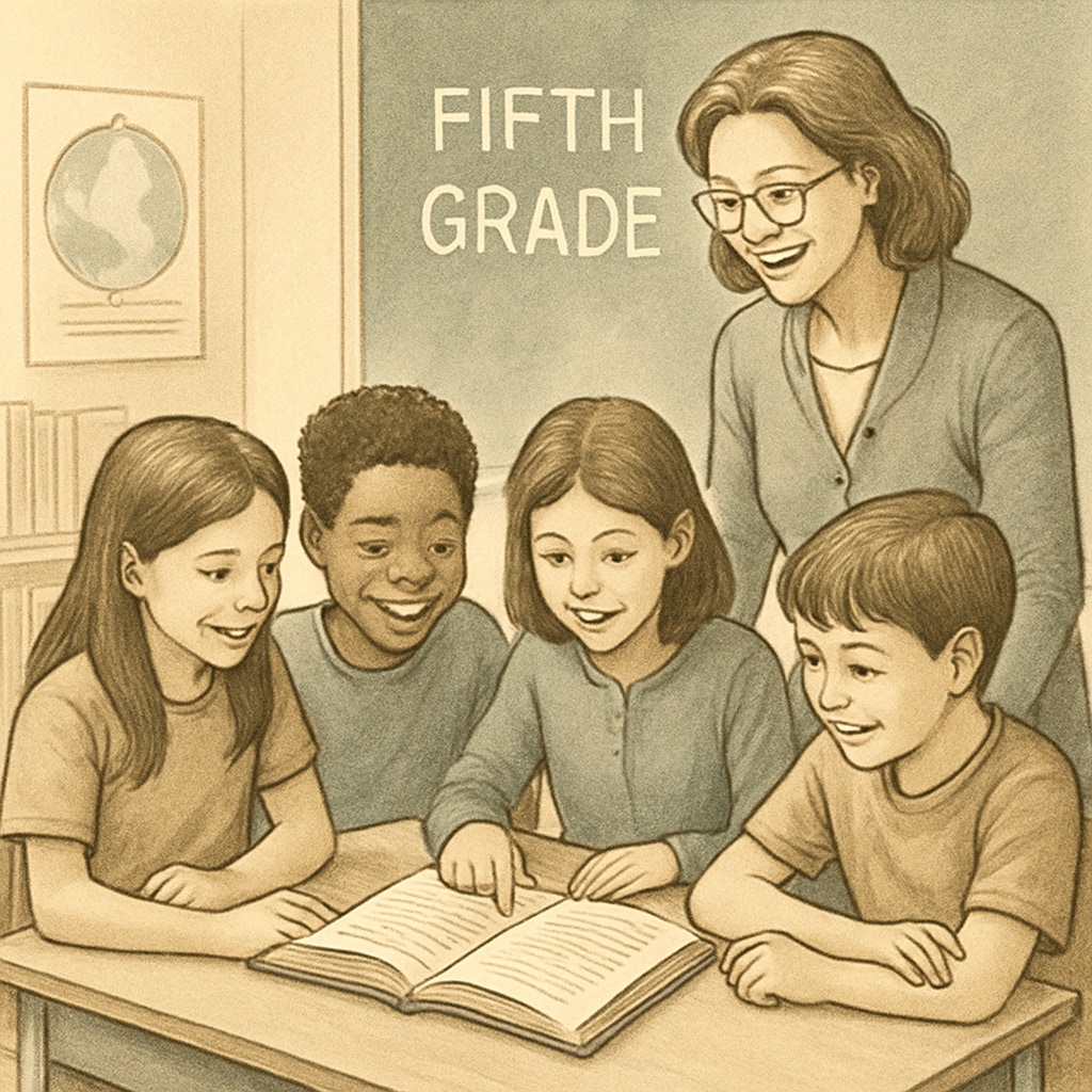 Fifth-grade students participating in a guided reading session in their ELA classroom.