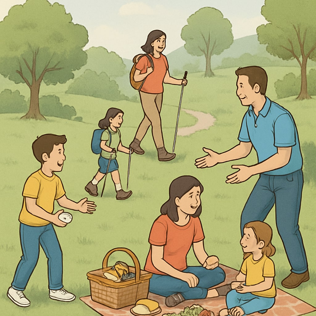 A family bonding outdoors, illustrating tech-free quality time.
