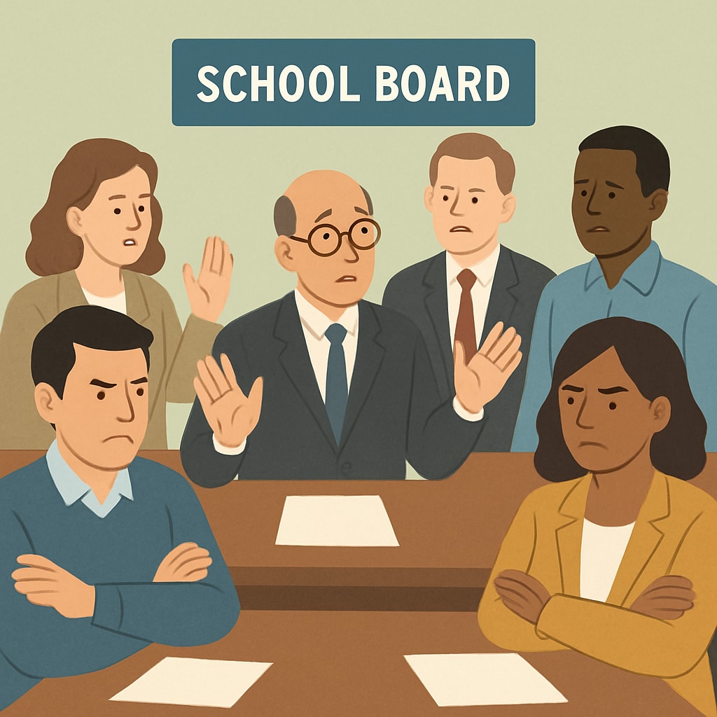 A divided school board discussing challenges in governance.