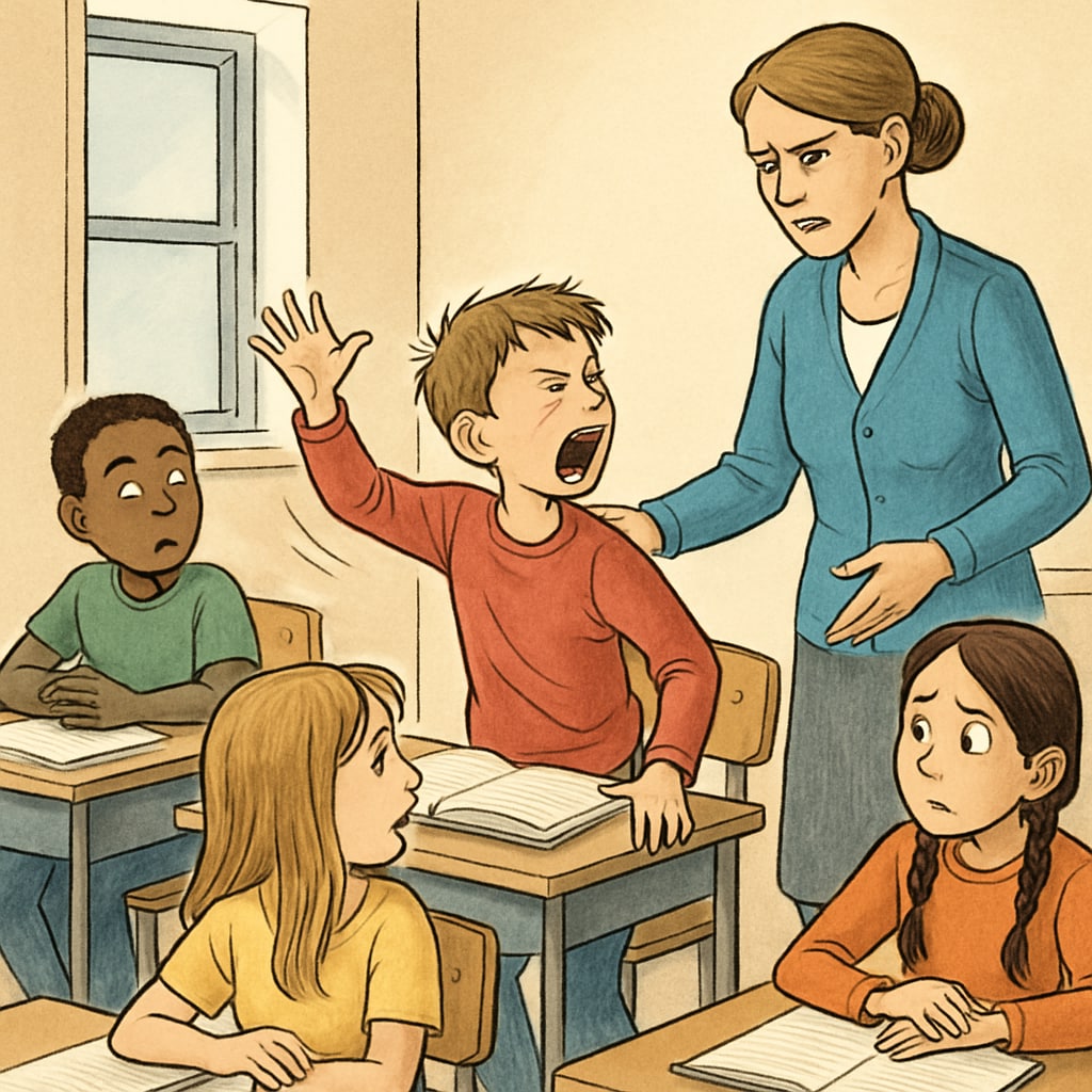 A classroom environment disrupted by a student, illustrating the need for intervention. Disruptive student behavior in a classroom requiring intervention strategies.