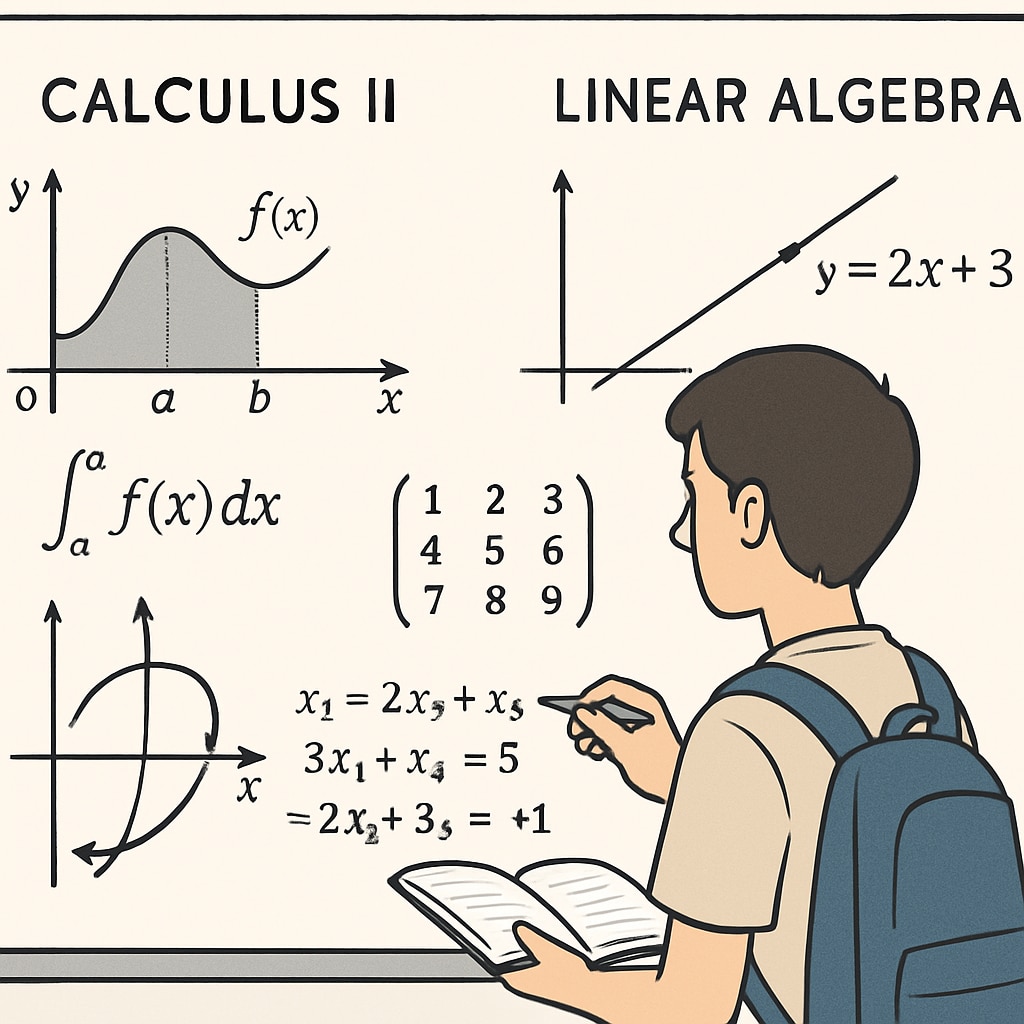 A student analyzing graphs and equations on a whiteboard, symbolizing the practical applications of Calculus II and Linear Algebra. Student analyzing graphs and equations related to Calculus and Linear Algebra.