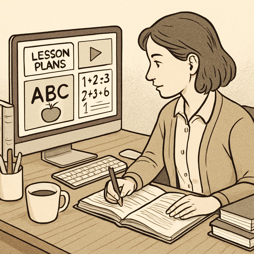 A teacher reviewing lesson plans and resources on a computer screen, emphasizing the use of online tools for teaching. A teacher exploring online teaching resources in a digital education network.