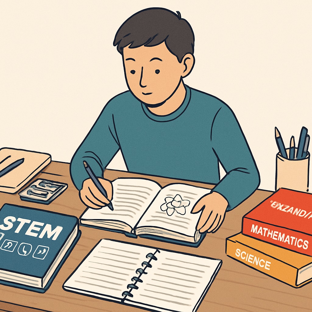 A student sitting at a desk, reviewing STEM-related books and taking notes, representing self-reflection during major selection. Student reviewing books and notes to evaluate STEM major options.