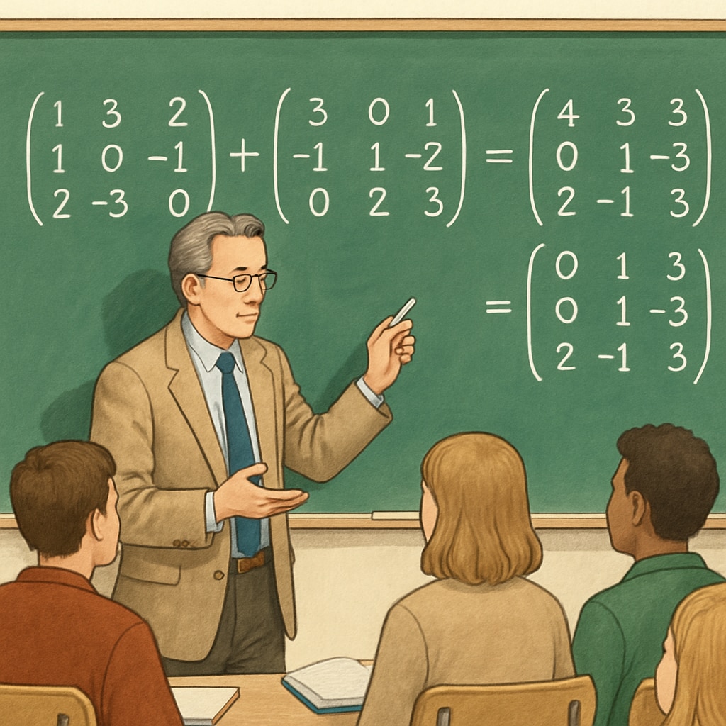 A university professor explaining matrix operations to a group of students in a classroom setting. University professor teaching Linear Algebra concepts to students.