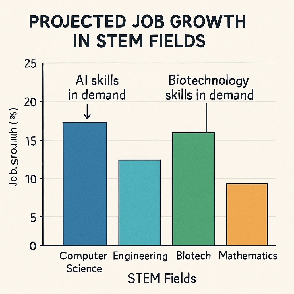 A bar chart showing projected job growth in STEM fields, emphasizing the demand for skills in areas like AI and biotechnology. Bar chart showcasing job growth trends in STEM fields.