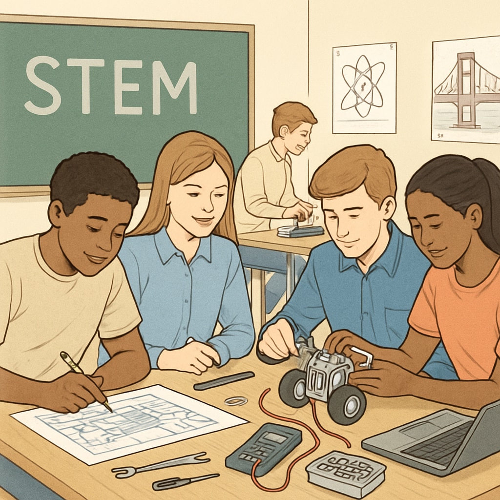 A classroom of high school students working collaboratively on a STEM project, illustrating hands-on learning in technology and engineering. High school students engaged in a STEM project, emphasizing the need for course reform and STEM education.