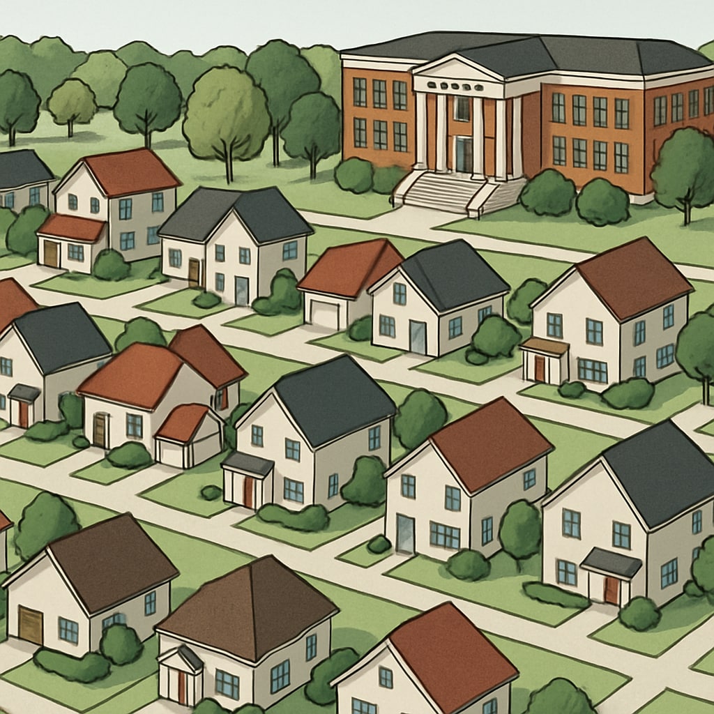 A suburban neighborhood featuring homes located near a renowned school district, highlighting the connection between education quality and housing demand. Suburban neighborhood near top-ranked school district