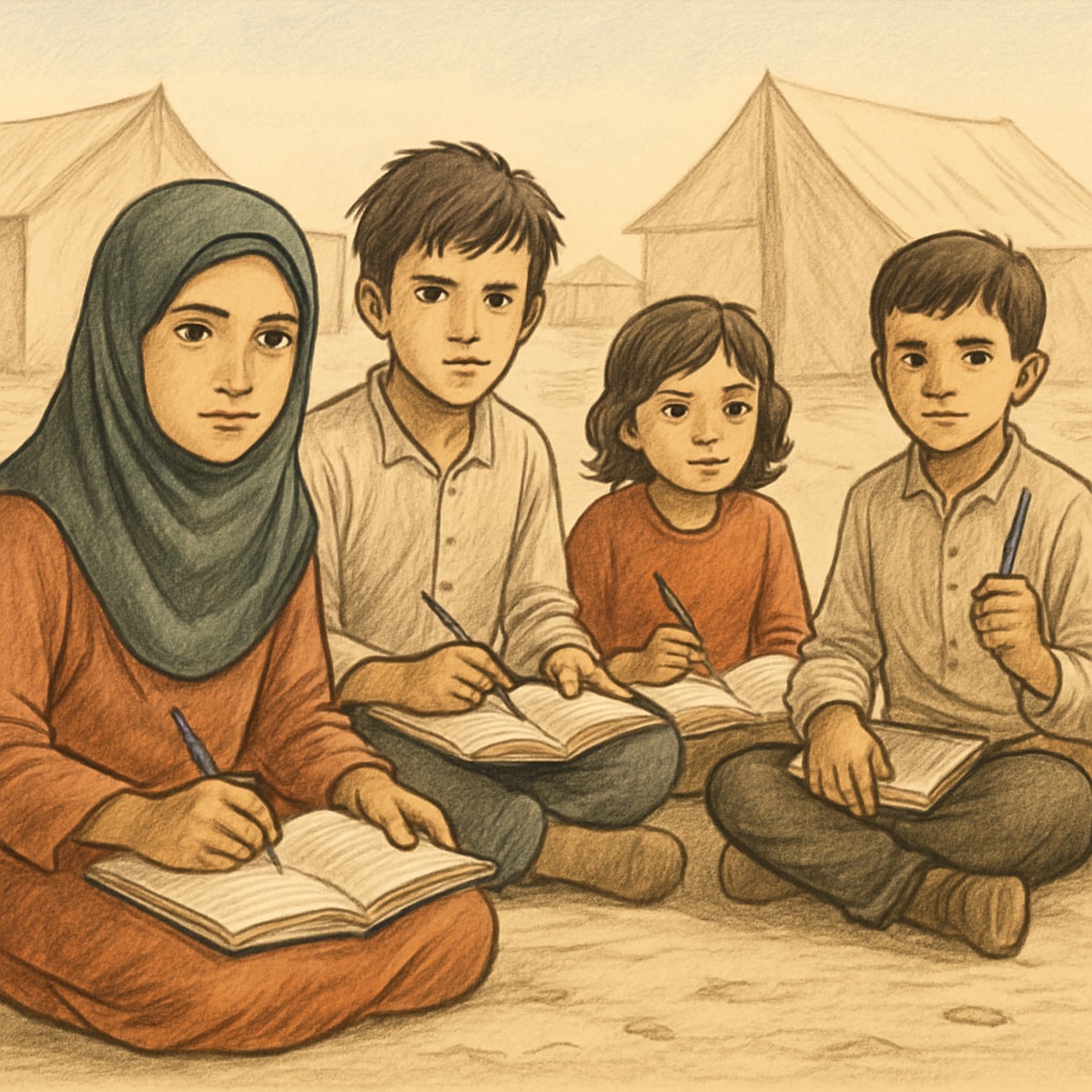 Refugee children holding books and pencils, representing hope in education.
