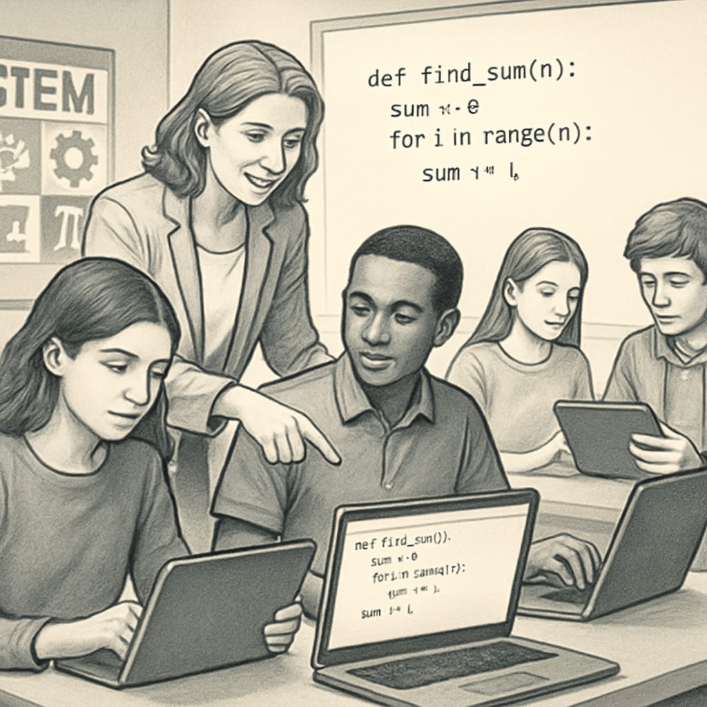 A teacher guiding students through a coding exercise, illustrating the integration of STEM education in high school curriculums. A high school teacher helping students learn coding, highlighting the importance of STEM education reform.