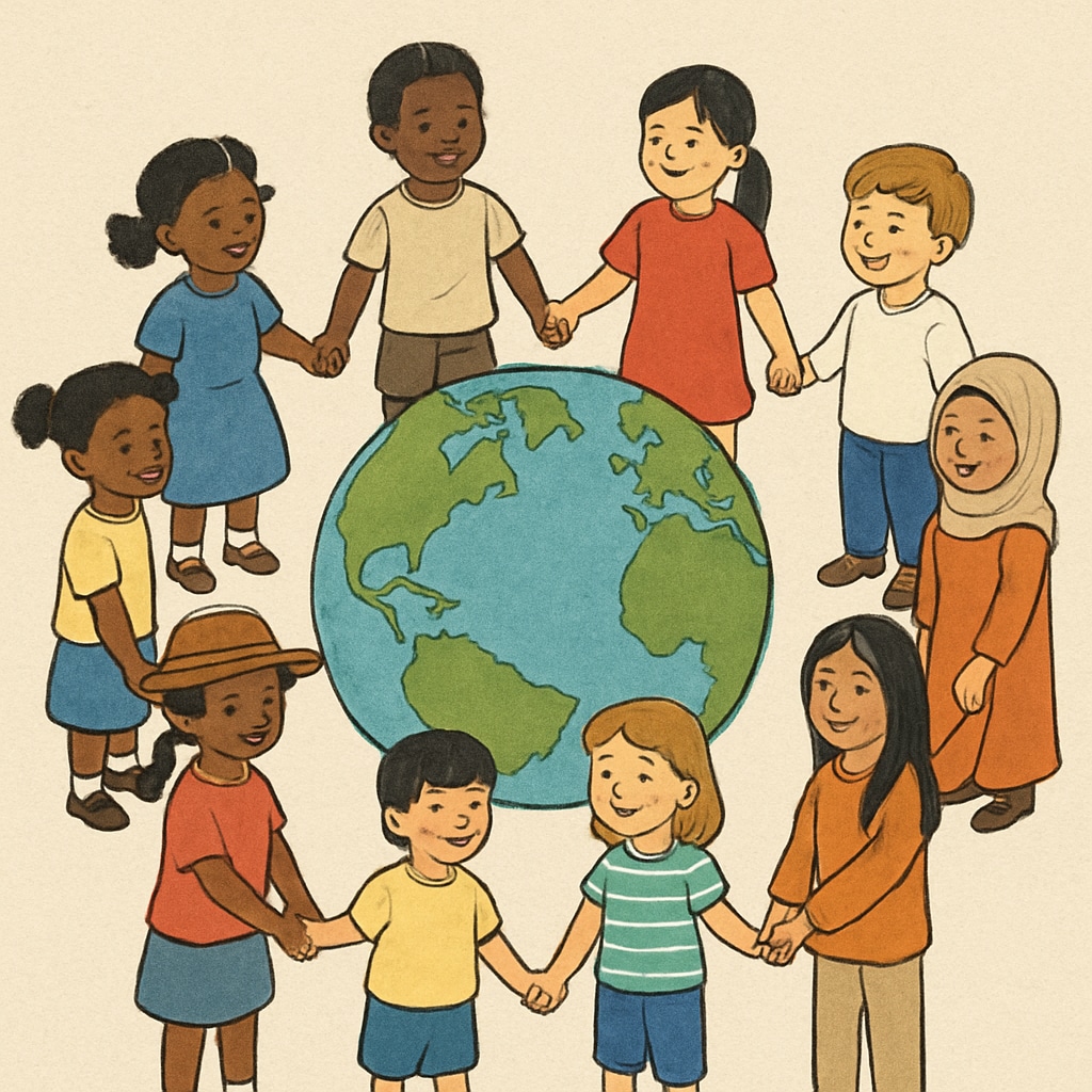 Diverse children holding hands in a circle, symbolizing global unity and care.