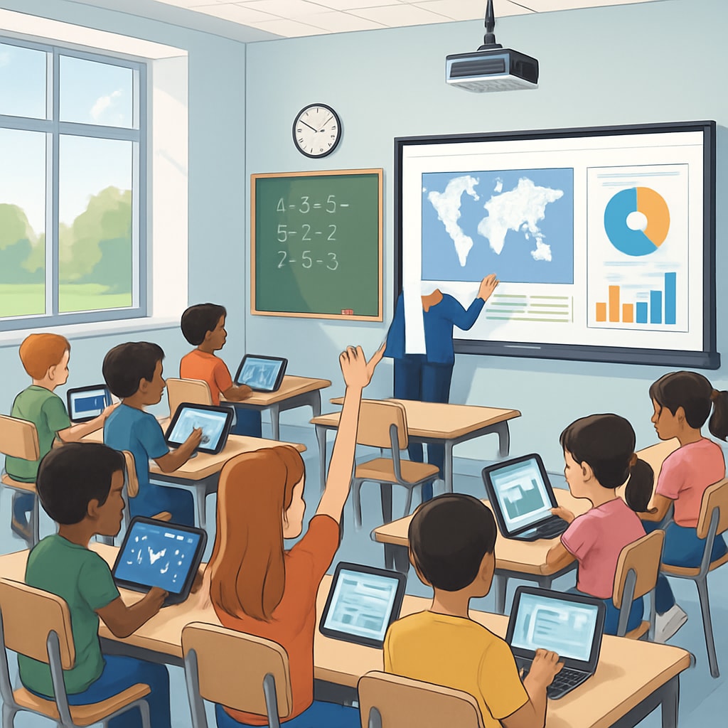 A modern classroom with engaged students and advanced technology, symbolizing the appeal of high-ranking school districts for families. Classroom in a top-ranked school district