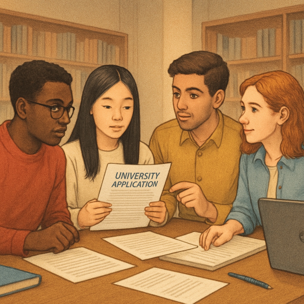 A group of international students reviewing university application documents together. This image represents the challenges and collaboration involved in the application process. International students reviewing university application documents, highlighting education duration differences and barriers.