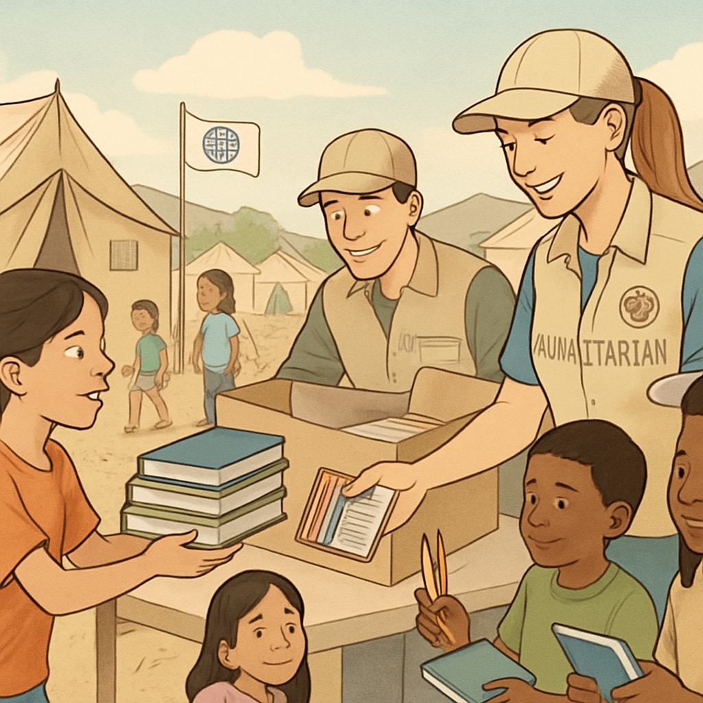 An image of children in a refugee camp receiving educational materials, illustrating the importance of global humanitarian efforts in education. Refugee children receiving school supplies, highlighting the necessity of humanitarian aid in education.