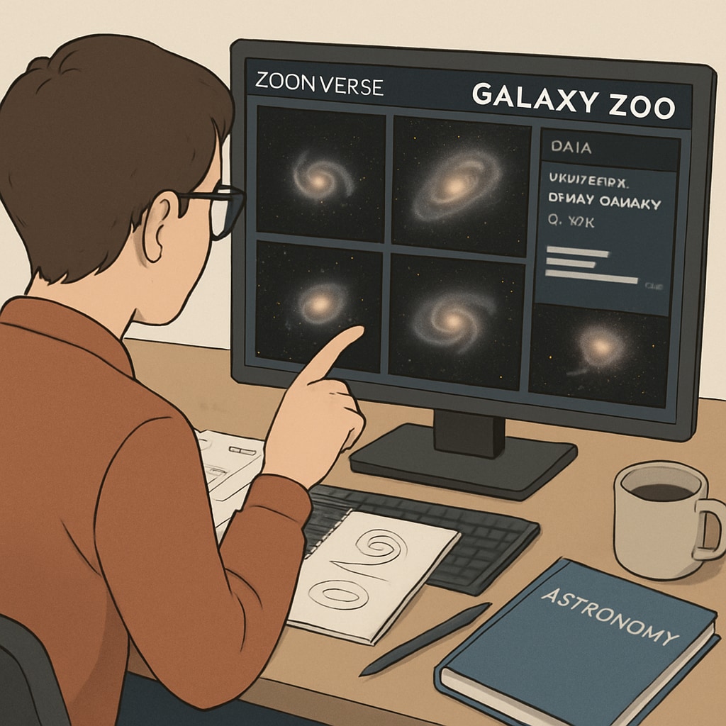 A student engaging with the Zooniverse platform, examining galaxy images.