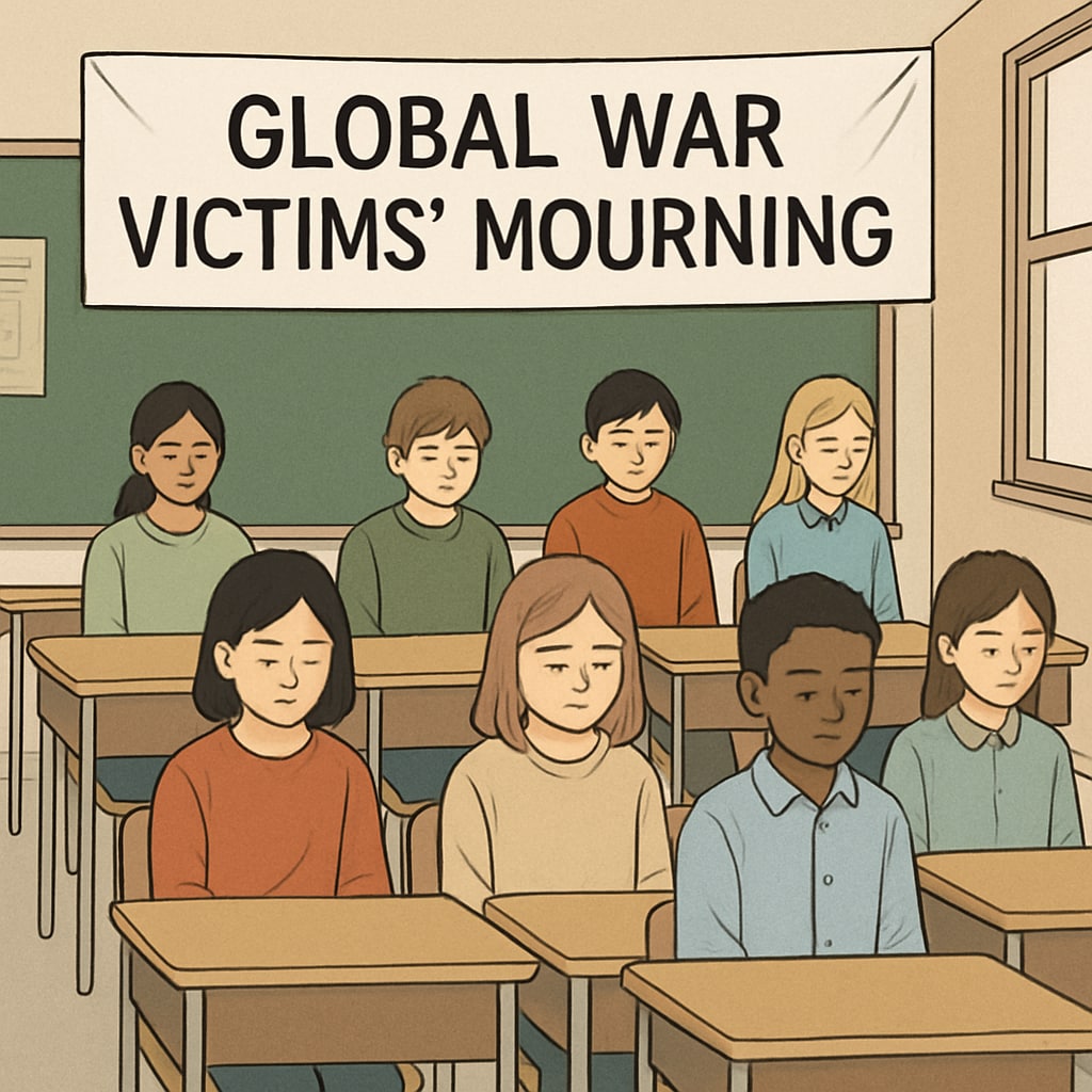 Students in a classroom observing a moment of silence for global war victims, including Gaza.