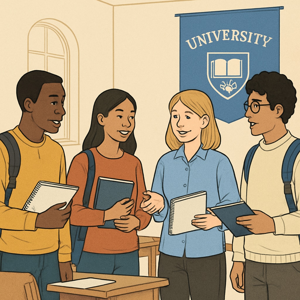 A diverse group of students attending an orientation session at a European university. This image symbolizes the inclusivity and diversity that international students bring. Diverse students at a European university orientation, emphasizing global education and inclusivity.