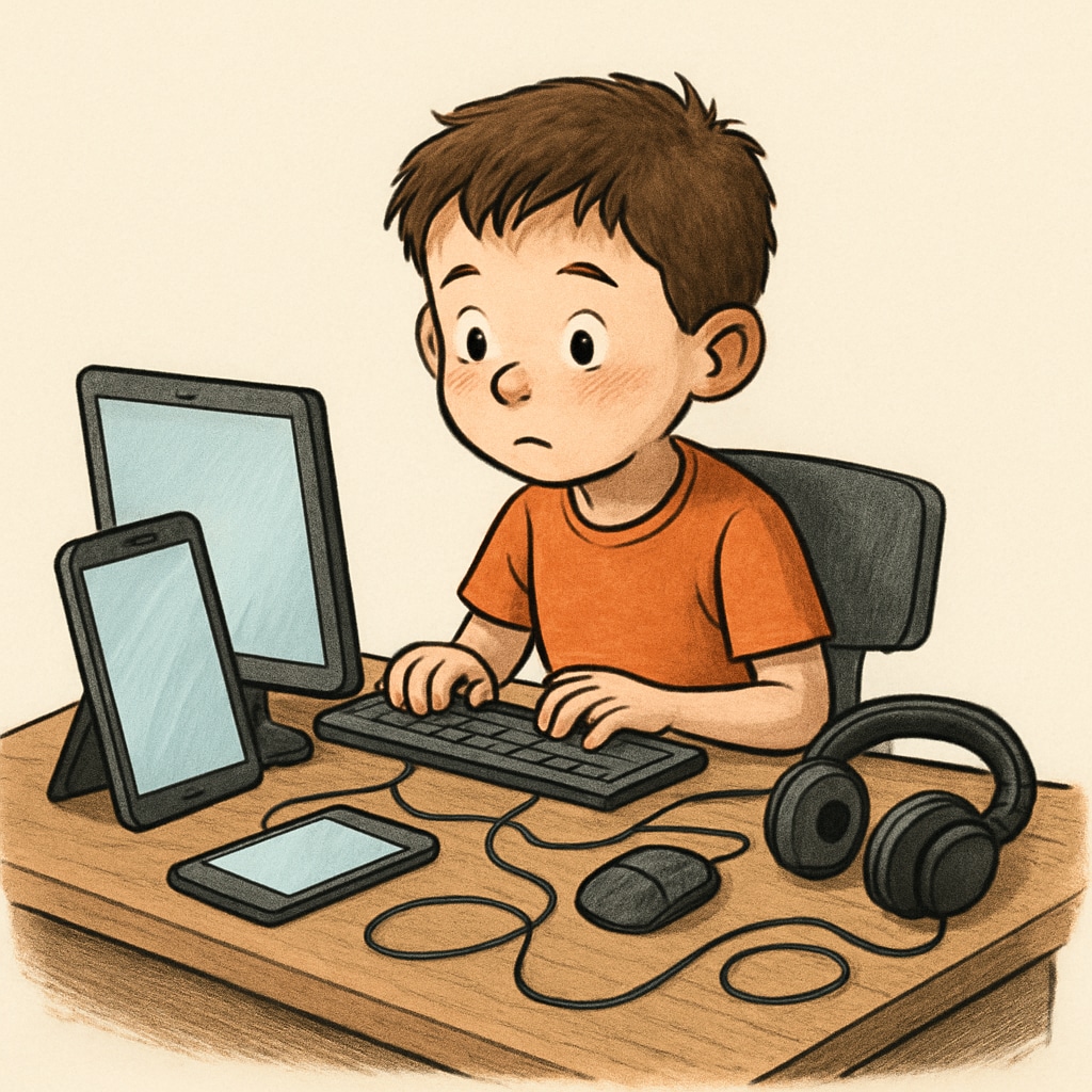 A child surrounded by screens, representing technology addiction and its effects on mental health.