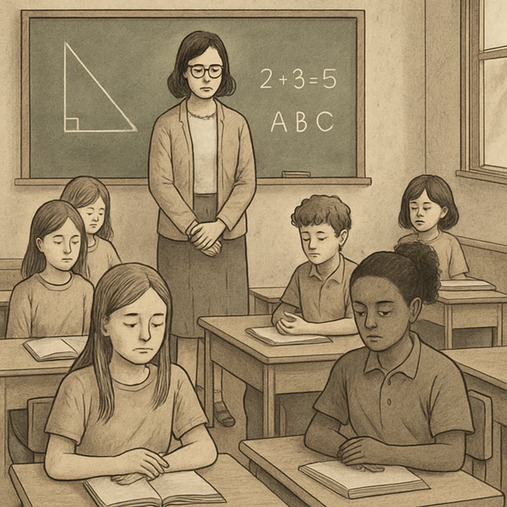 A classroom with students observing a moment of silence to reflect on both global and specific crises, symbolizing education's role in fostering empathy. Students in a classroom observing a moment of silence for global issues, including the Gaza crisis.