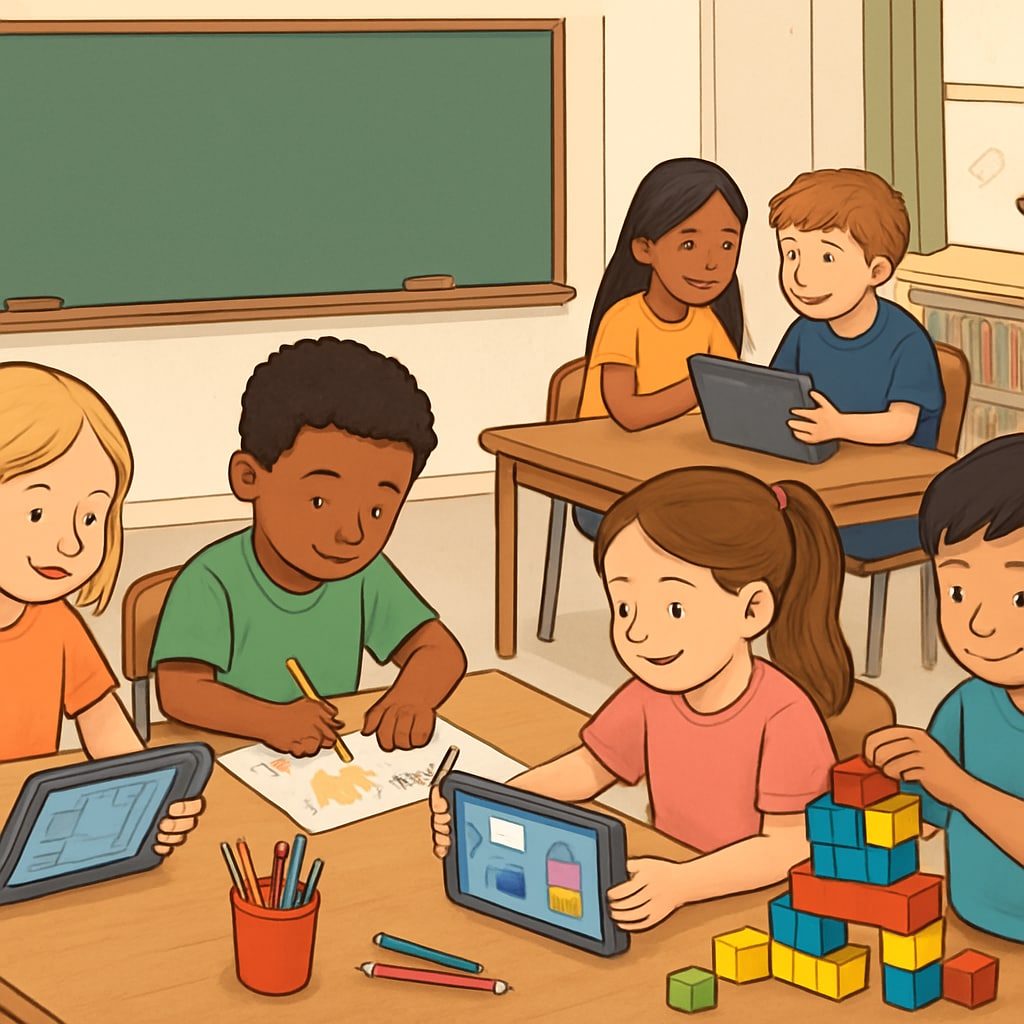 A classroom scene demonstrating the integration of digital and traditional learning methods.