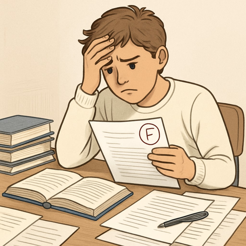 A frustrated student reviewing their exam results, symbolizing the emotional impact of unresolved grade disputes in coursework. Student reviewing exam results after a grade appeal in AP Physics C.