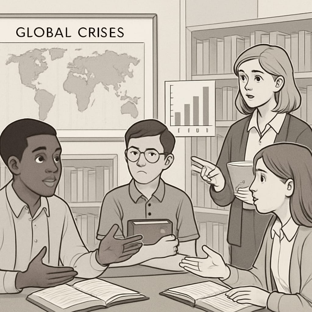 Students in a school library engaging in discussions about global crises, with educational materials such as books and maps visible in the background. Students discussing the Gaza crisis and other global conflicts in a library setting.
