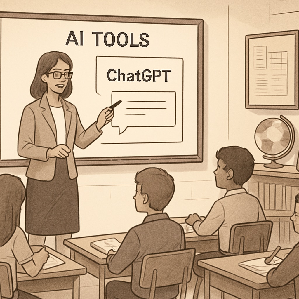 A teacher showcasing how to use ChatGPT in a classroom, with students observing.
