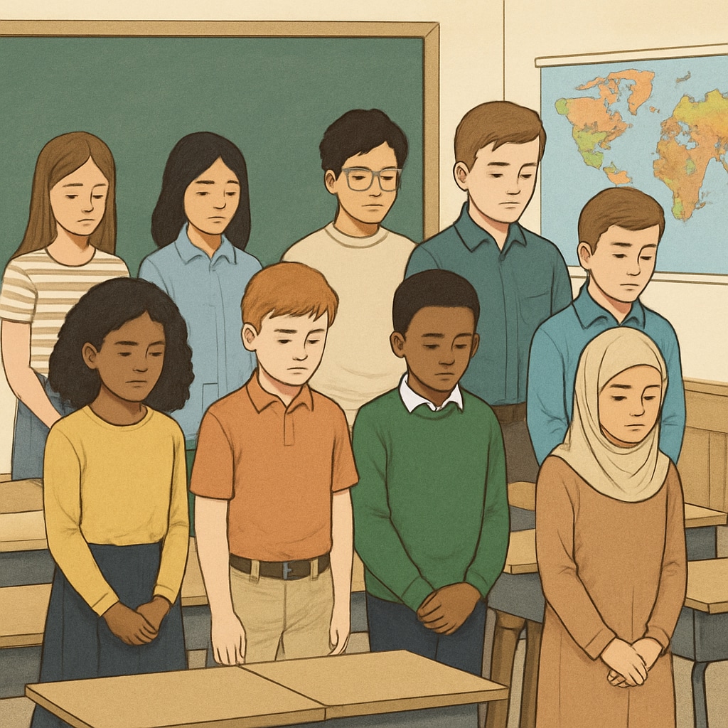 A classroom of diverse students standing in silence during a global remembrance event organized to honor war victims. Students observing a moment of silence to mourn global war victims, including Gaza.