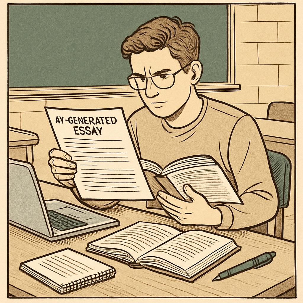 A student critically evaluating an AI-generated essay with a textbook for reference.