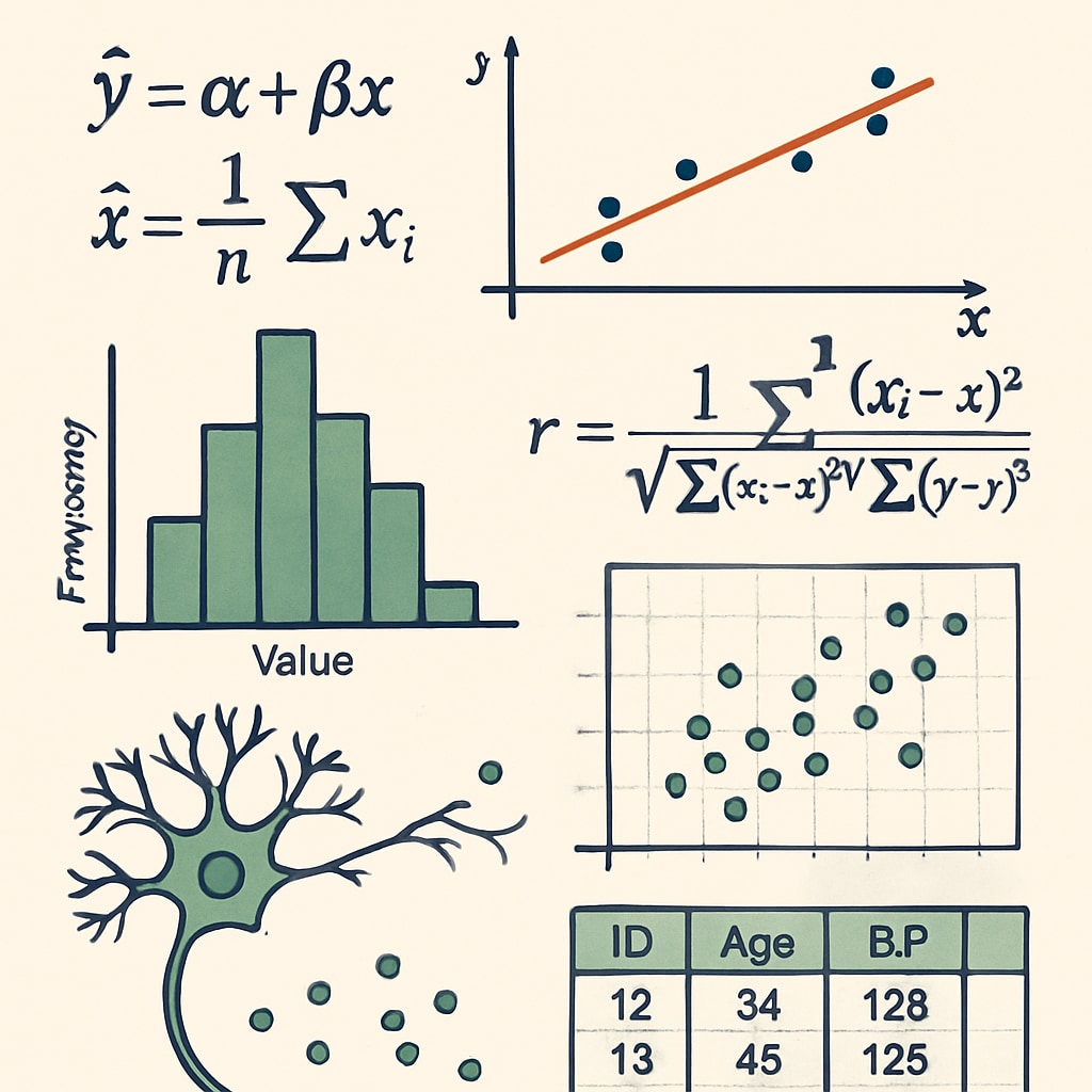 A visualization of equations and graphs linked to biostatistics, illustrating the role of mathematics.