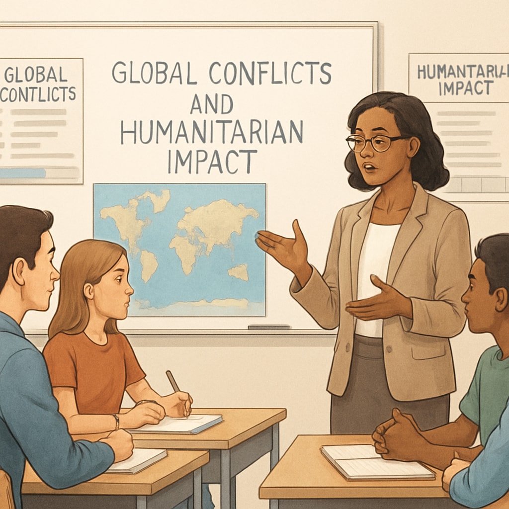 A teacher leading a classroom discussion about global conflicts and their humanitarian impact, emphasizing education over politics. A teacher discussing global conflict and human rights, related to the Gaza mourning debate.
