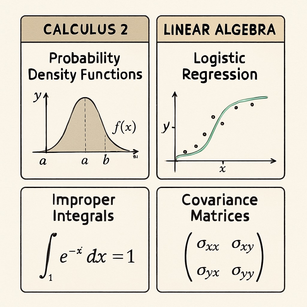 A side-by-side comparison of Calculus 2 and Linear Algebra in biostatistics, highlighting their distinct applications.