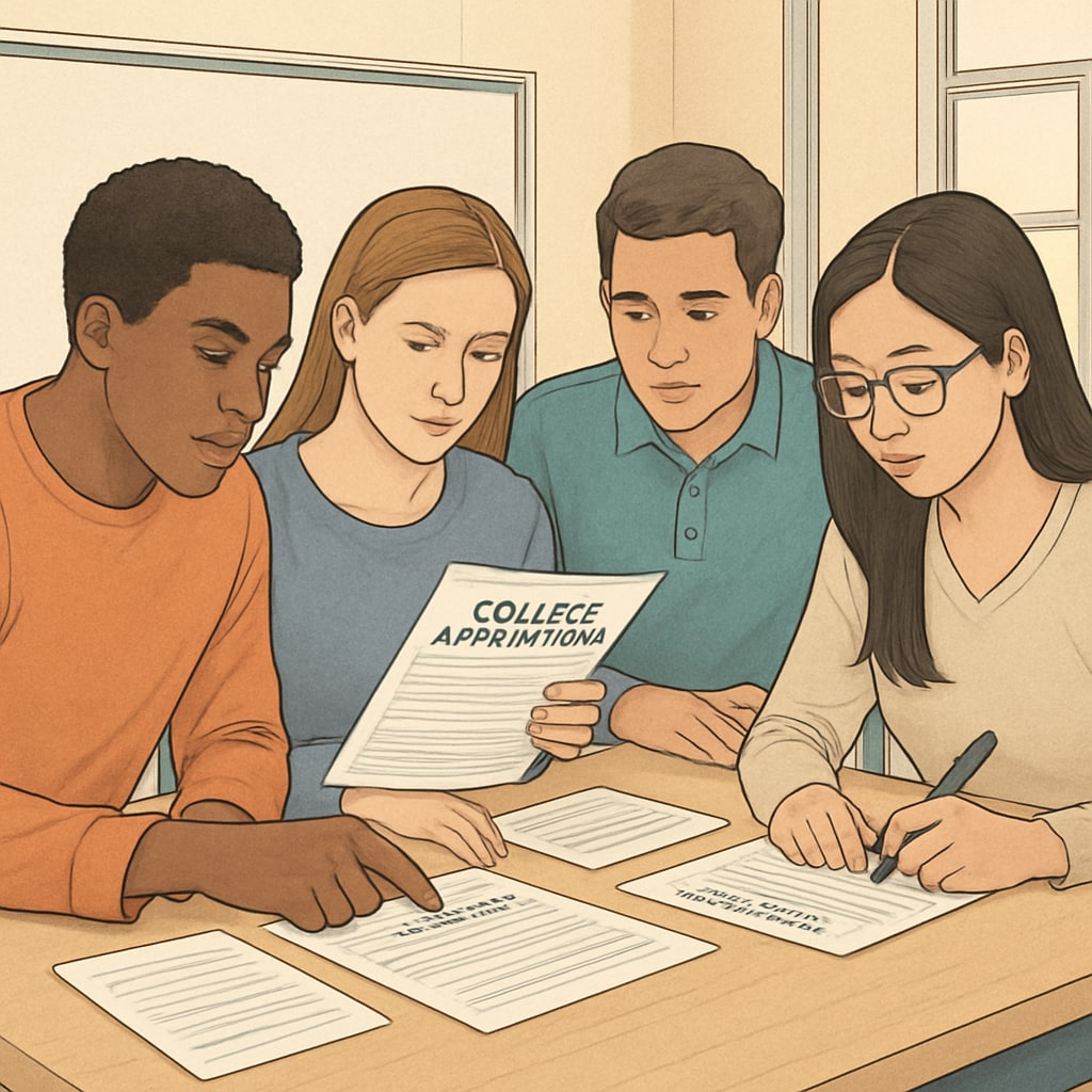 A group of students reviewing college application documents, emphasizing the importance of accuracy and honesty. Students discussing college application accuracy and honesty.