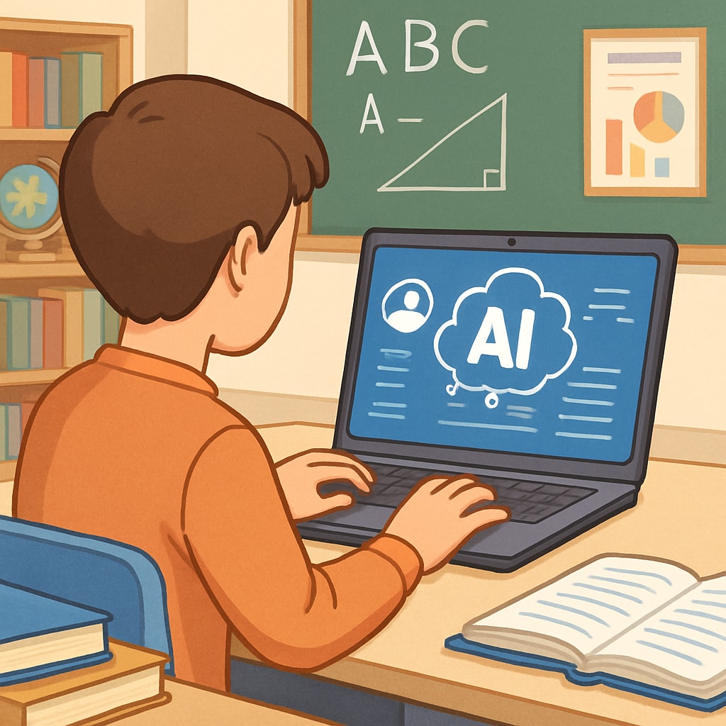 A student using a laptop with ChatGPT open, demonstrating AI integration in a classroom setting. A student using ChatGPT in a classroom to explore AI in education.