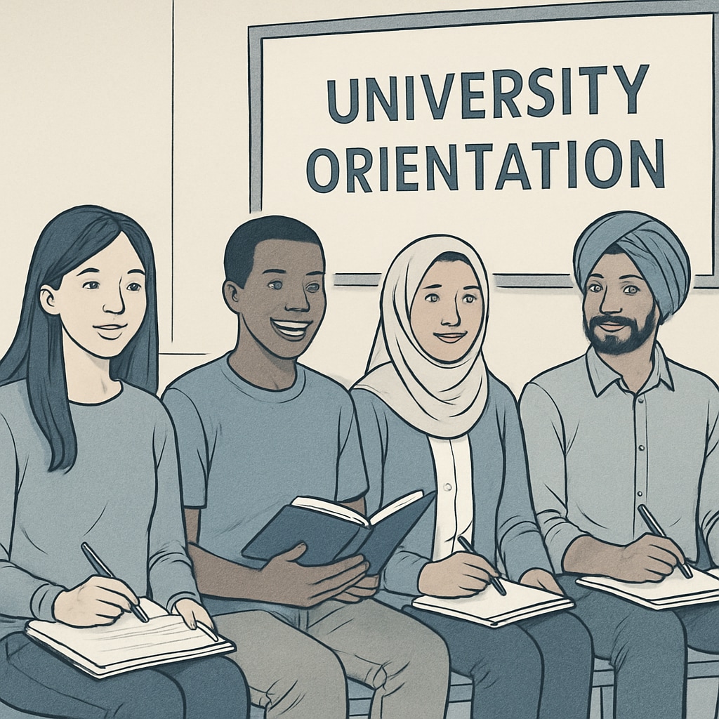 A group of international students attending a university orientation session, symbolizing diverse education backgrounds. International students attending orientation, highlighting global education system differences.