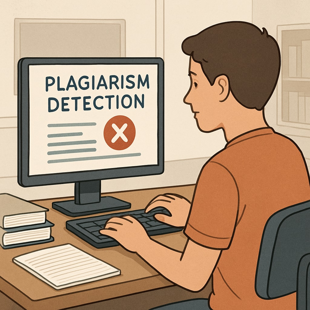 A visual representation of a student using a plagiarism detection software, symbolizing the role of technology in academic integrity. Plagiarism Detection Software Academic Integrity