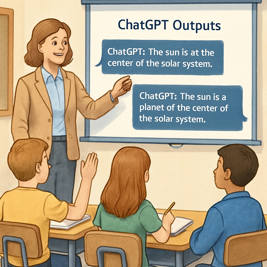 A teacher guiding students through a critical thinking exercise using ChatGPT outputs on a projector. A teacher leading students in analyzing ChatGPT responses for critical thinking practice.